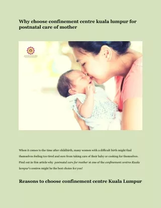 Why Choose Confinement Centre Kuala Lumpur For  Postnatal Care Of Mother