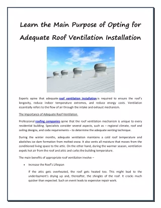 Learn the Main Purpose of Opting for Adequate Roof Ventilation Installation