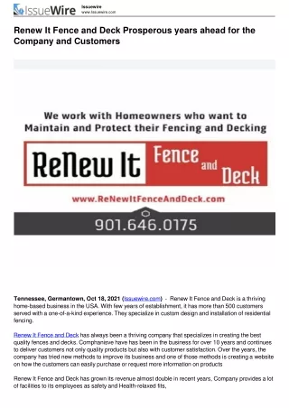 Renew It Fence and Deck Prosperous years ahead for the