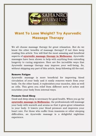 Want To Lose Weight - Try Ayurvedic Massage Therapy