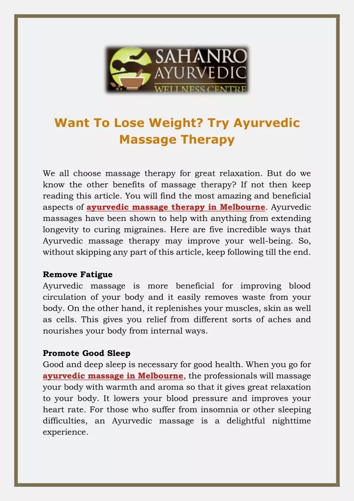 want to lose weight try ayurvedic massage therapy