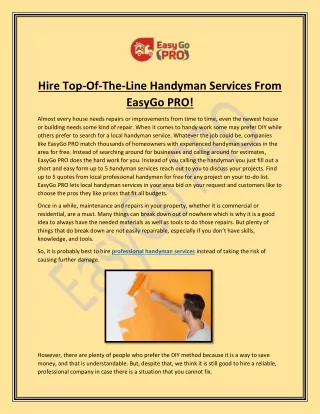 Hire Top-Of-The-Line Handyman Services From EasyGo PRO!