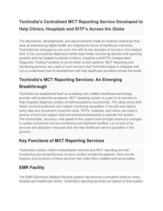 Techindia’s Centralised MCT Reporting Service Developed to Help Clinics, Hospita