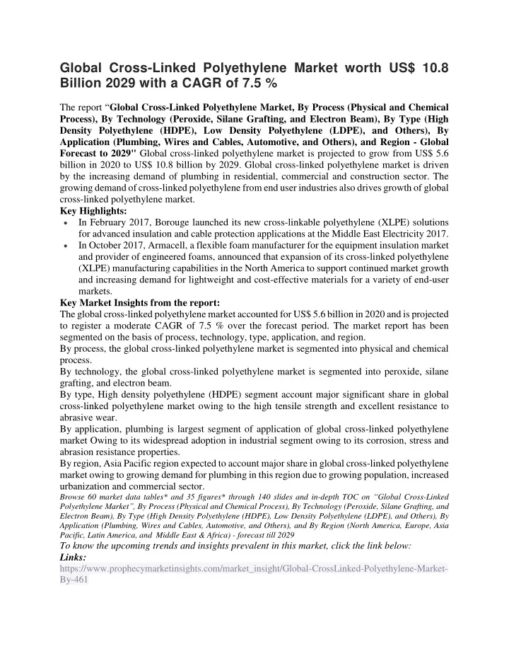 global cross linked polyethylene market worth