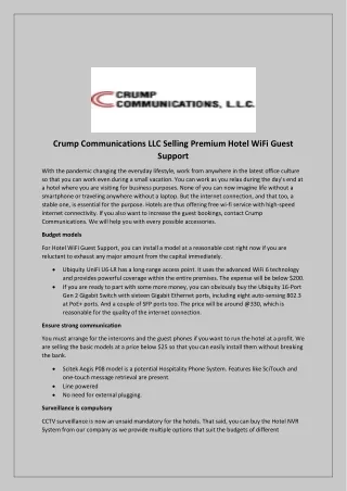 Crump Communications LLC Selling Premium Hotel WiFi Guest Support