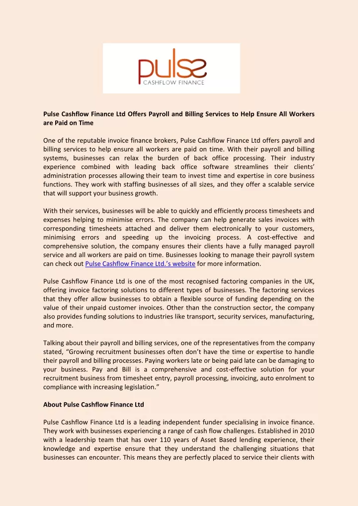 pulse cashflow finance ltd offers payroll