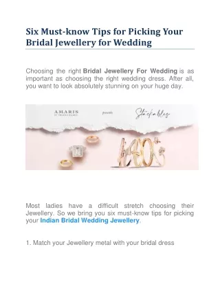 Six Must-know Tips for Picking Your Bridal Jewellery for Wedding