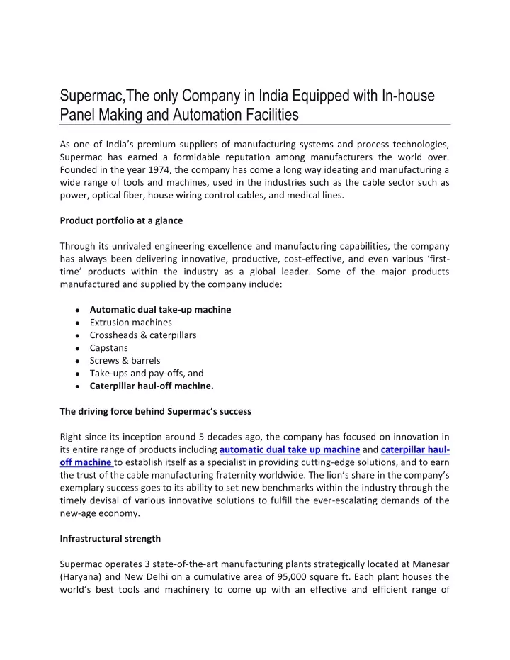 supermac the only company in india equipped with