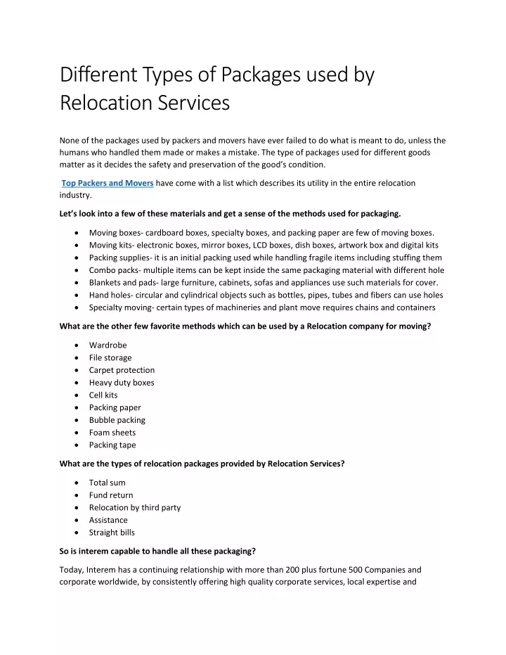 different types of packages used by relocation