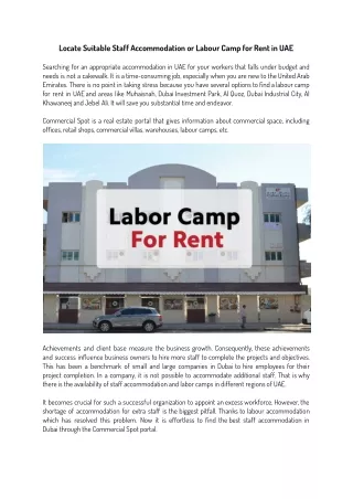 Locate Suitable Staff Accommodation or Labour Camp for Rent in UAE