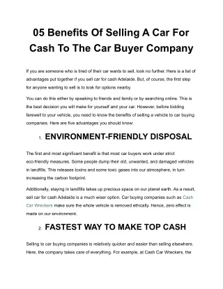 05 Benefits Of Selling A Car For Cash To The Car Buyer Company