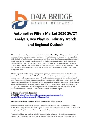 Automotive Filters Market 2020 SWOT Analysis, Key Players, Industry Trends and Regional Outlook
