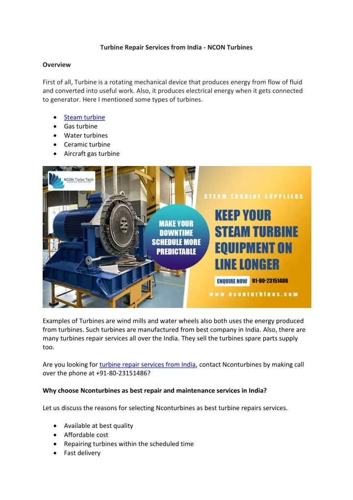 turbine repair services from india ncon turbines