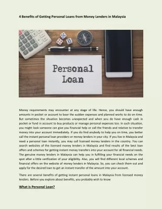 4 Benefits of Getting Personal Loans from Money Lenders in Malaysia