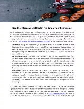 Need For Occupational Health Pre-Employment Screening
