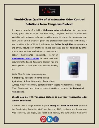 World-Class Quality of Wastewater Odor Control Solutions from Tangsons Biotech