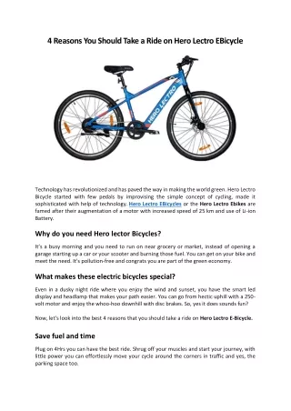 4 Reasons You Should Take a Ride on Hero Lectro EBicycle