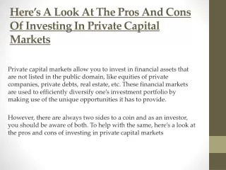 Here’s A Look At The Pros And Cons Of Investing In Private Capital Markets