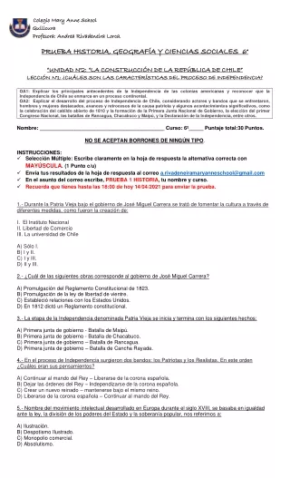 PRUEBA  INDEPENDENCIA DE CHILE