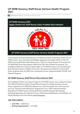 UP NHM Vacancy Staff Nurse Recruitment 2021