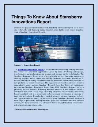 Things To Know About Stansberry Innovations Report1