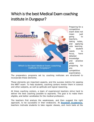 Which is the best Medical Exam coaching institute in Durgapur?