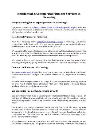Residential &Plumber in Pickering | New Well Plumbing & Heat commercial plumbing