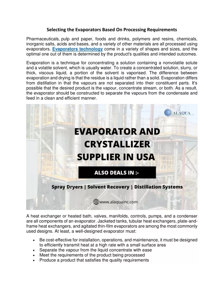 selecting the evaporators based on processing