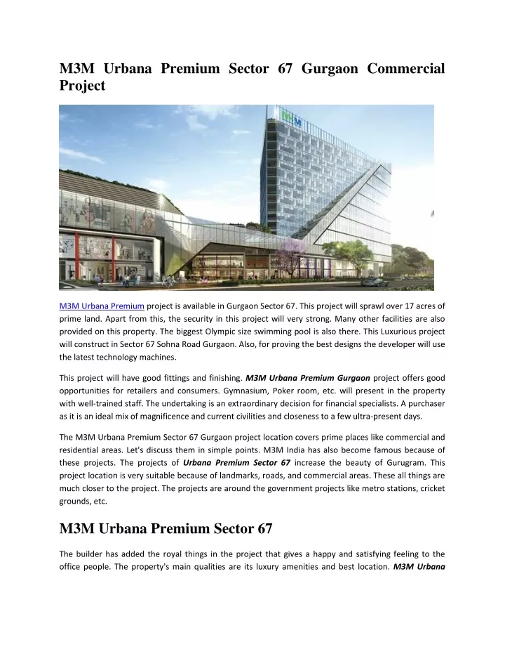 m3m urbana premium sector 67 gurgaon commercial
