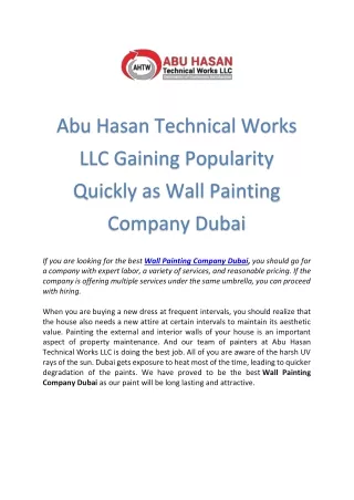 Abu Hasan Technical Works LLC Gaining Popularity Quickly as Wall Painting Company Dubai