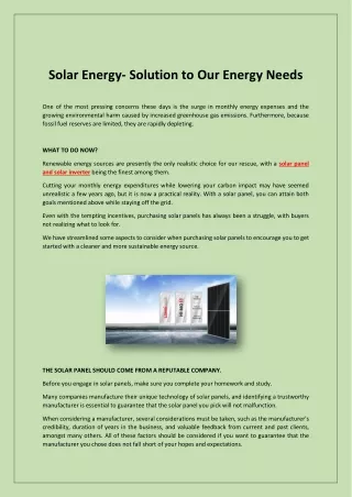 Solar Energy- Solution to Our Energy Needs