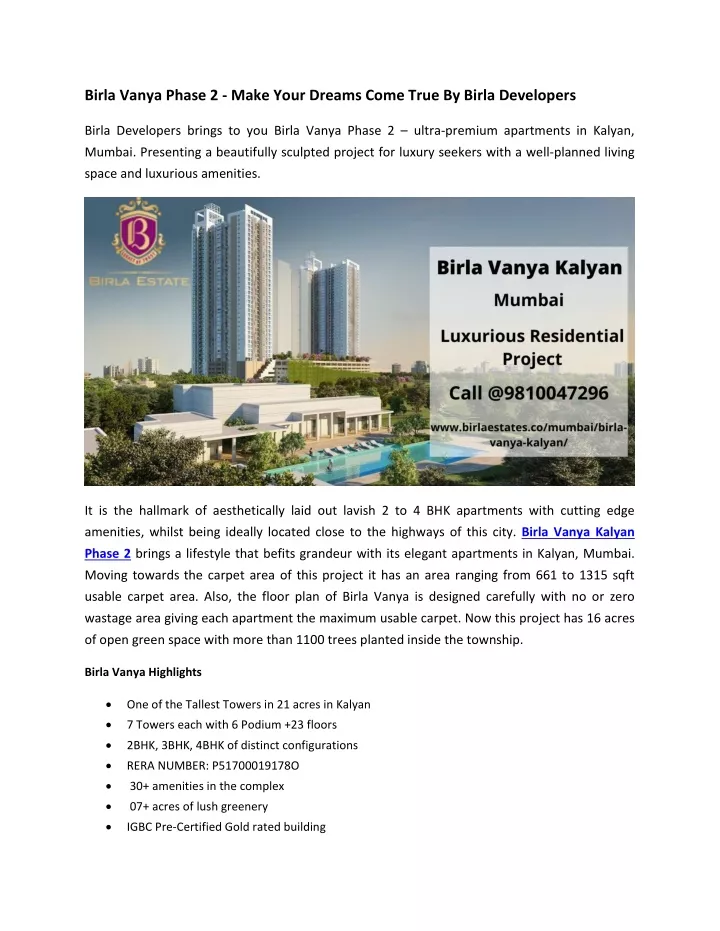 birla vanya phase 2 make your dreams come true