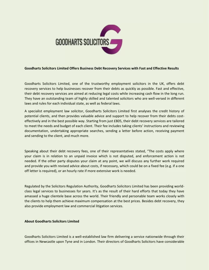 goodharts solicitors limited offers business debt