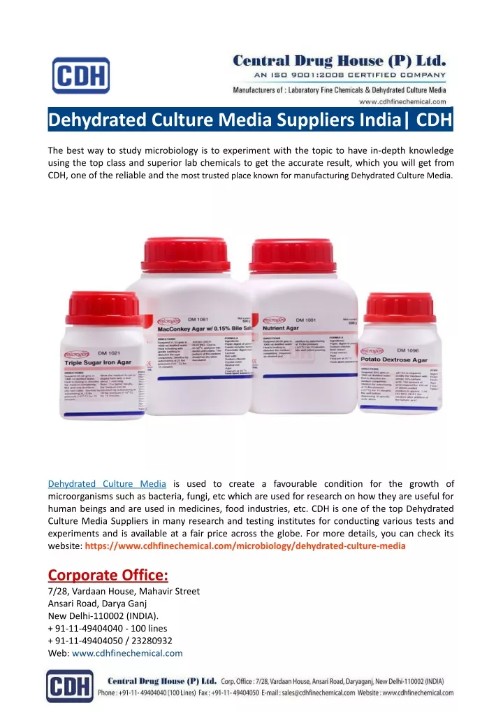 dehydrated culture media suppliers india cdh