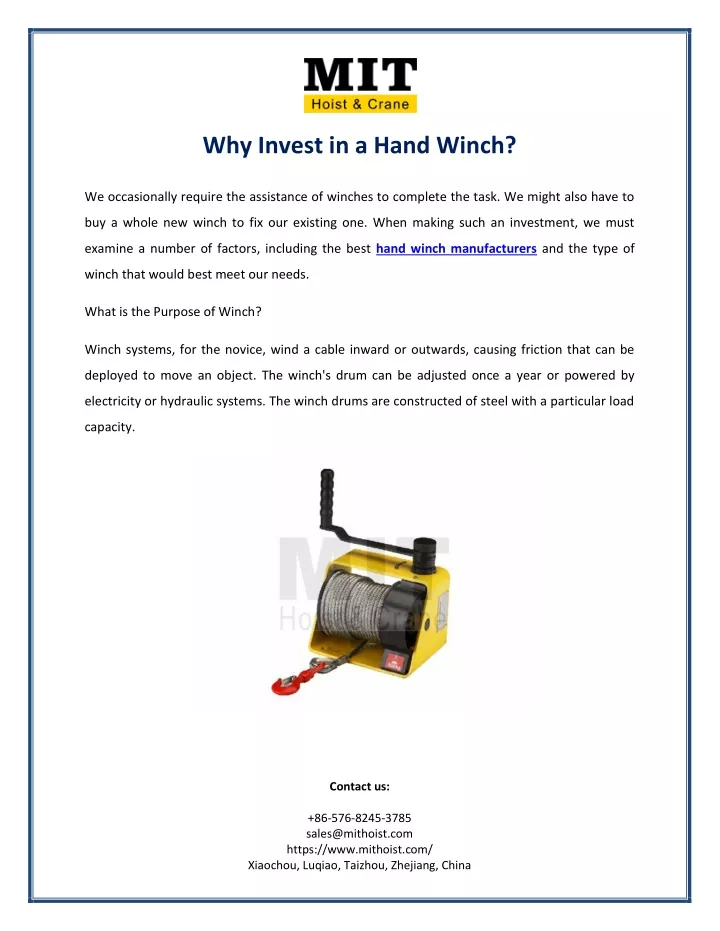 why invest in a hand winch