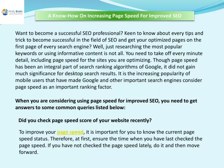 a know how on increasing page speed for improved