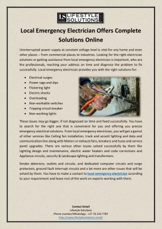 Local Emergency Electrician Offers Complete Solutions Online