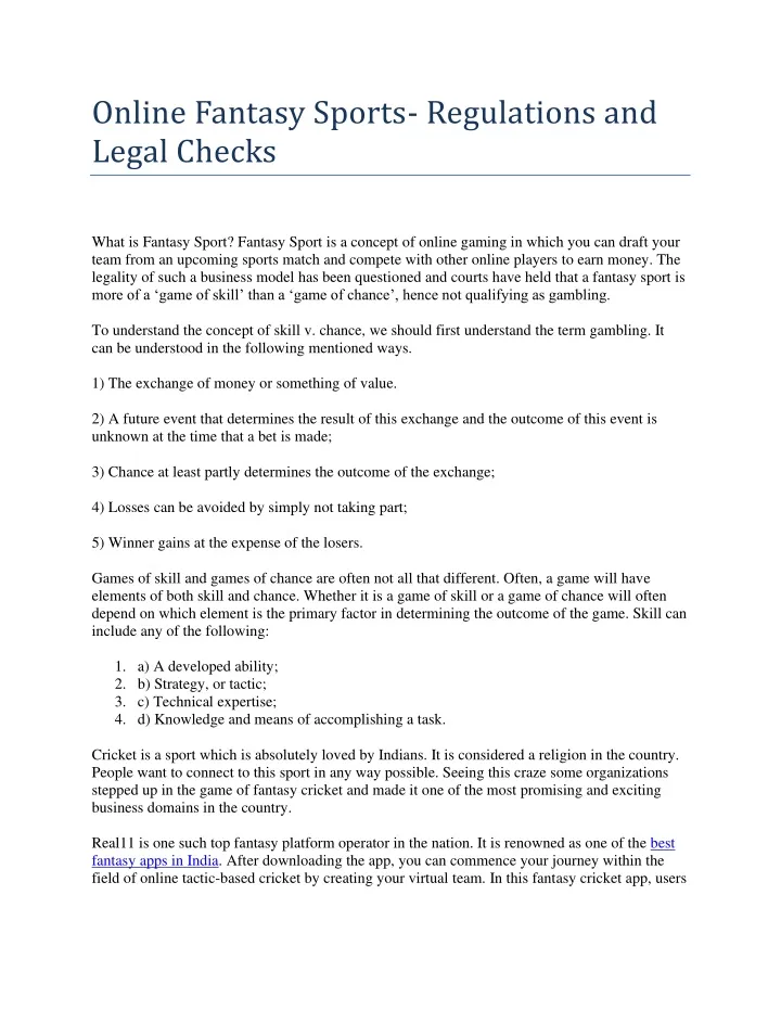 online fantasy sports regulations and legal checks