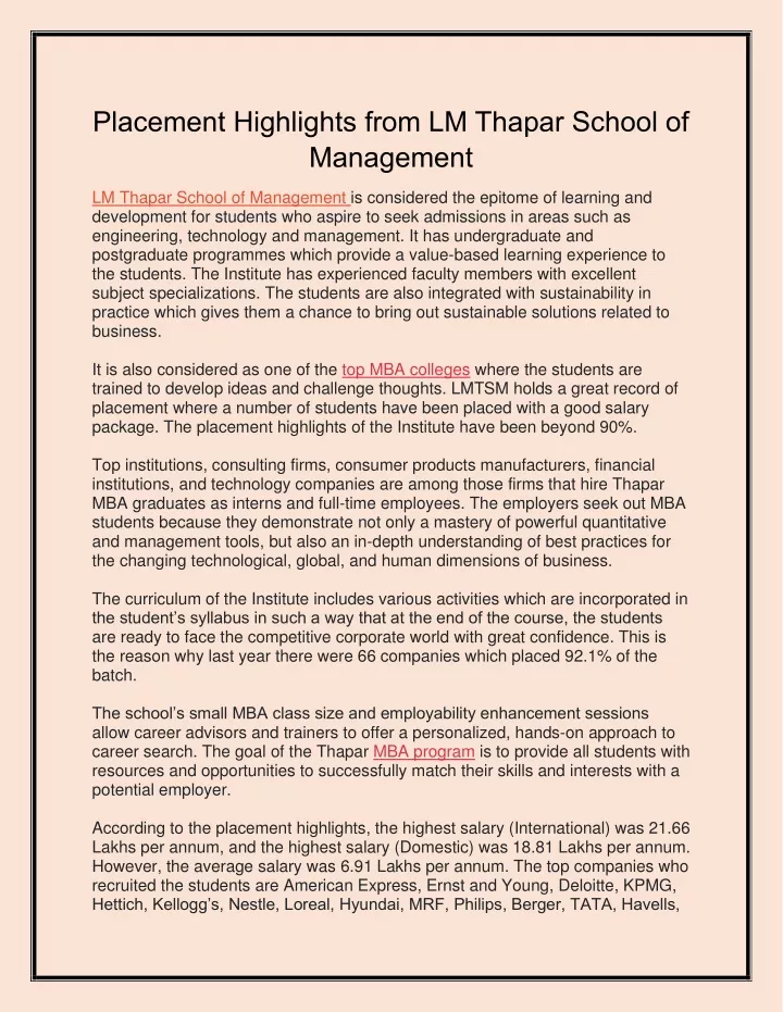 placement highlights from lm thapar school