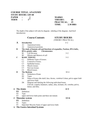 course title anatomy study hours 120 40 paper term