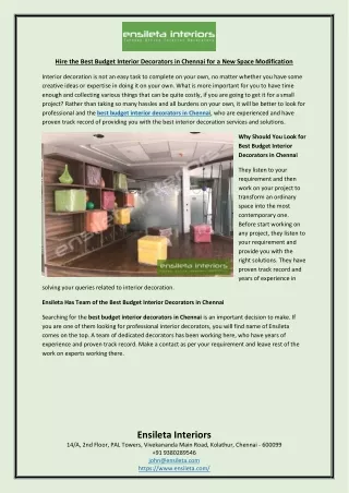 Hire the Best Budget Interior Decorators in Chennai for a New Space Modification