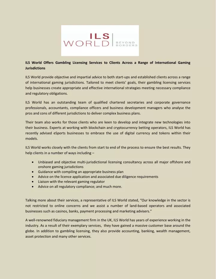 ils world offers gambling licensing services