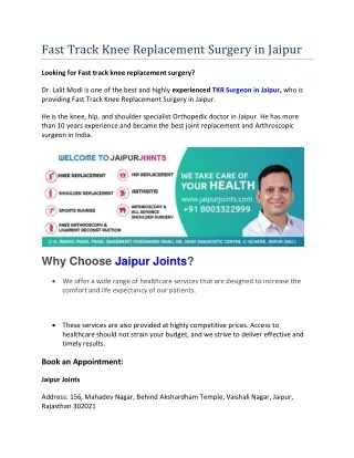 Fast Track Knee Replacement Surgery in Jaipur - JaipurJoints