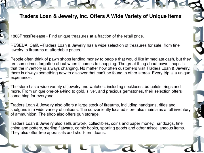 traders loan jewelry inc offers a wide variety