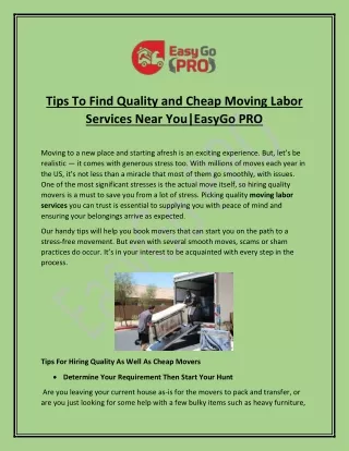 Tips To Find Quality and Cheap Moving Labor Services Near You  | EasyGo PRO
