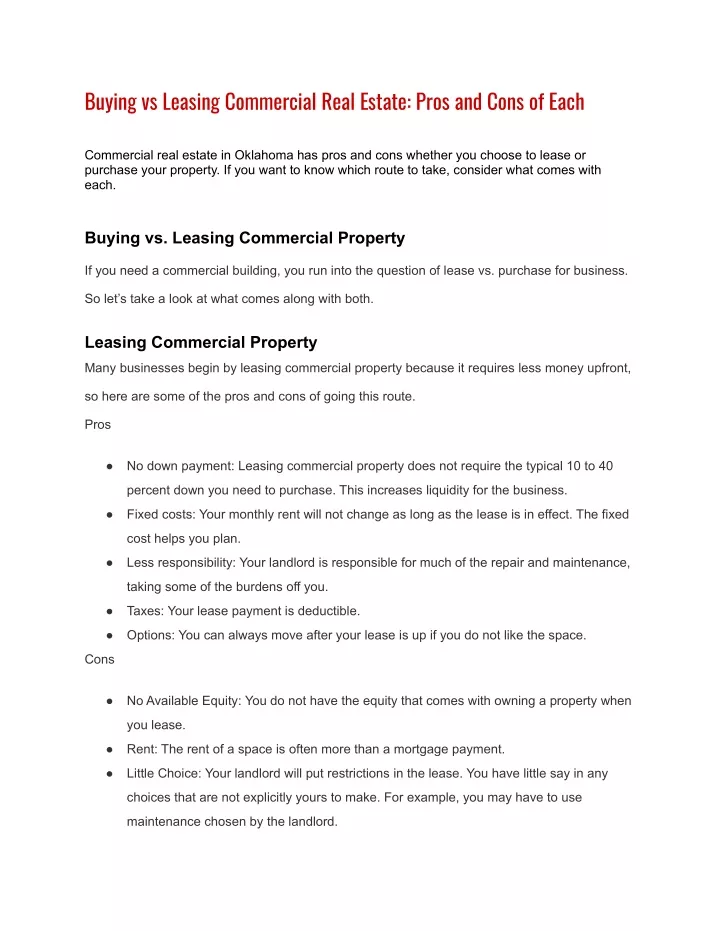 buying vs leasing commercial real estate pros