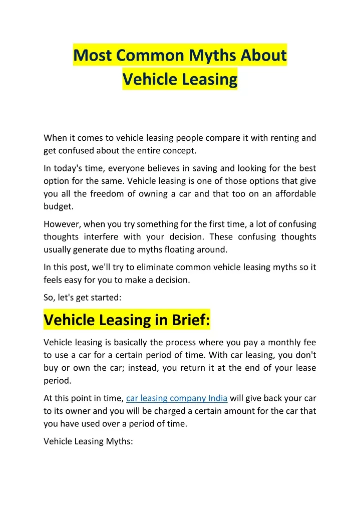 most common myths about vehicle leasing