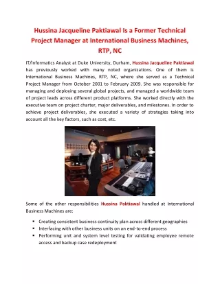 Hussina Jacqueline Paktiawal Is a Former Technical Project Manager at International Business Machines, RTP, NC