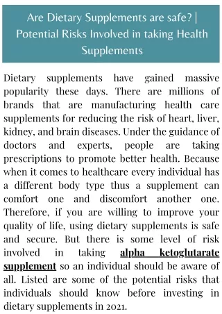 Potential Risks Involved in taking Health Supplements - MyLifeTherapeutics