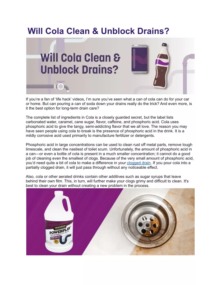 will cola clean unblock drains